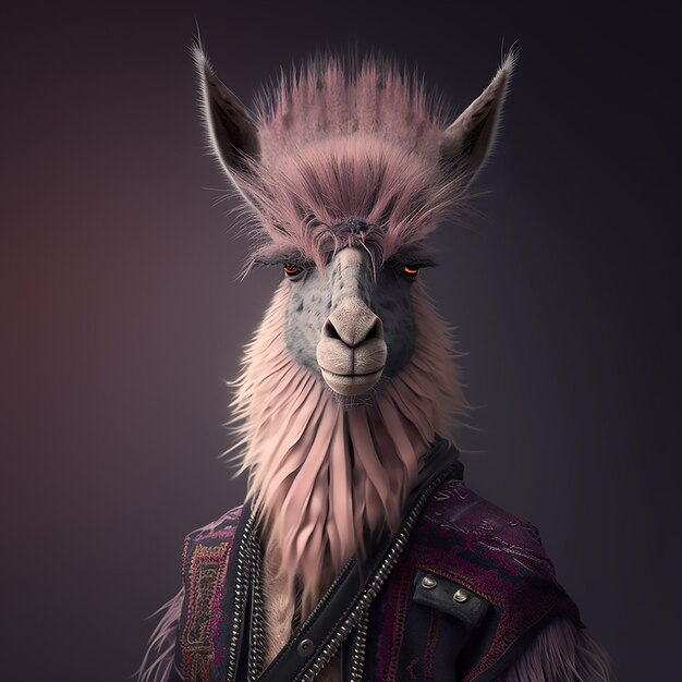 A character of a llama with a purple and red jacket.