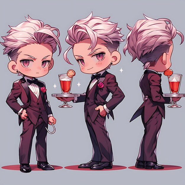 Character of male chibi kawaii bartender classy suit elegant colors cockt concept art sheet manga