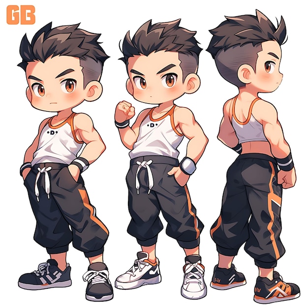 Photo character of male fitness trainer chibi kawaii gym owner athletic fashion concept art sheet manga