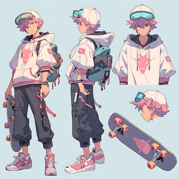 Character of male skateboarder chibi kawaii skate shop owner streetwear f concept art sheet manga