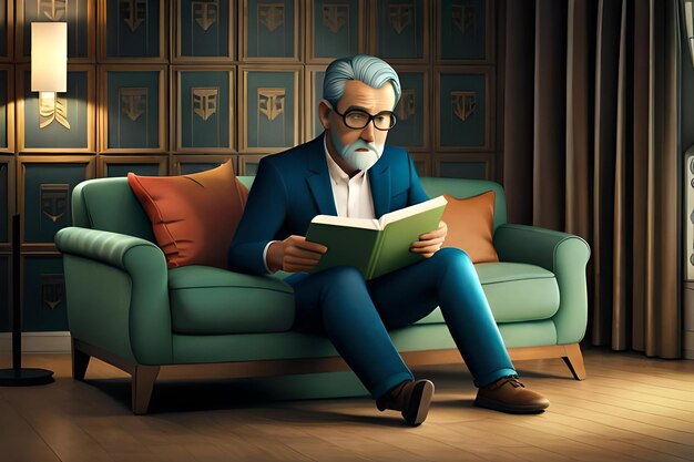 character man sitting on the sofa reading a book 3d illustration