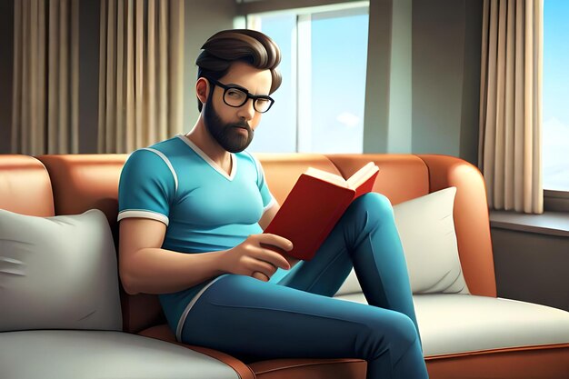 소파에 앉아서 책을 읽는 캐릭터 남자 3d 일러스트레이션