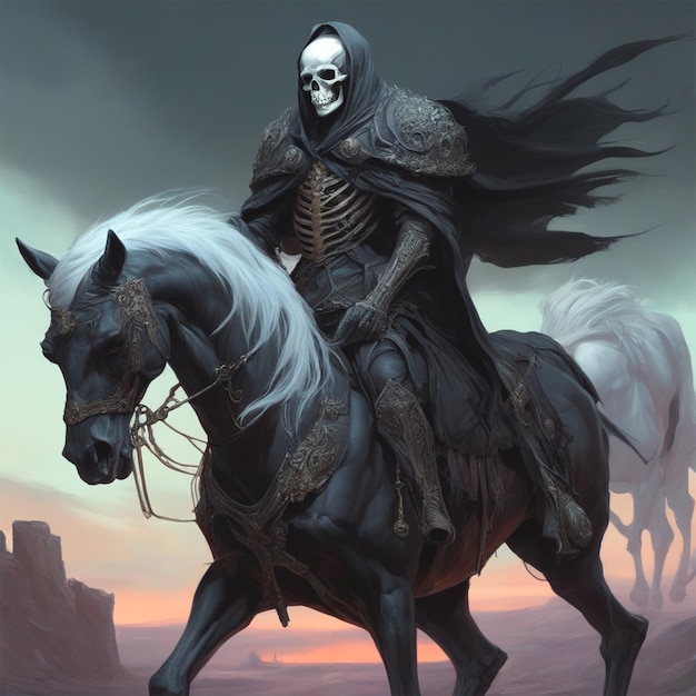 Character Of Messenger Of Death As A Gruesome Skeleton Dressed In Ornate Black Armor Riding A Magic