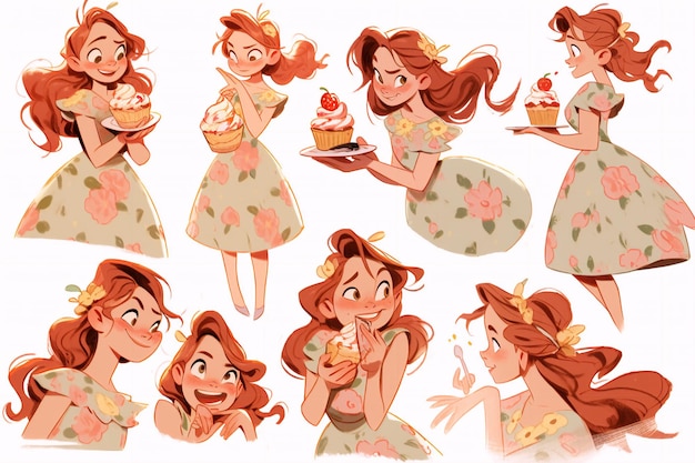 Character Model Sheets Delicate Dress and Flower Crown Illustrations of Girls