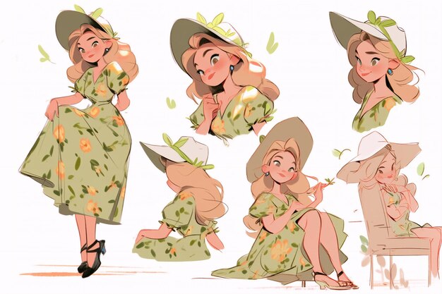 Photo character model sheets delicate dress and flower crown illustrations of girls