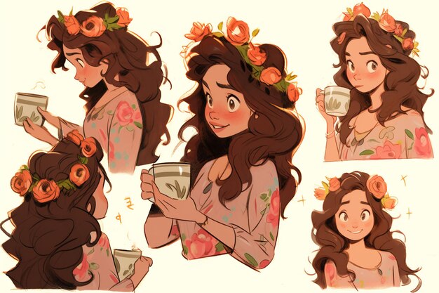 Character Model Sheets Delicate Dress and Flower Crown Illustrations of Girls
