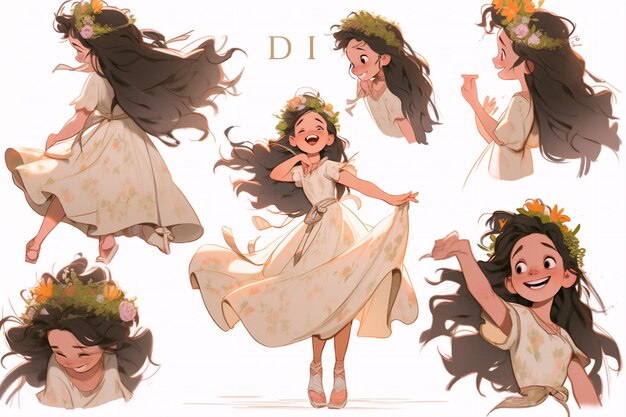 Character Model Sheets Delicate Dress and Flower Crown Illustrations of Girls