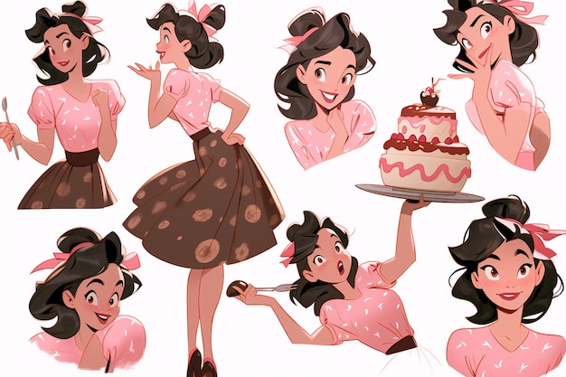 Character Model Sheets Gekke illustraties van meisjes in dessert-thema outfits en Delightful T