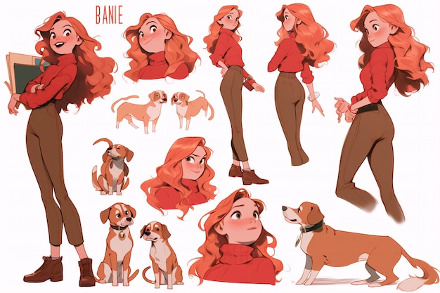 Photo character model sheets whimsical illustrations of girls and their animal friends