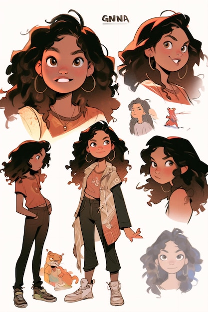 Character Model Sheets Whimsical Illustrations of Girls and Their Animal Friends