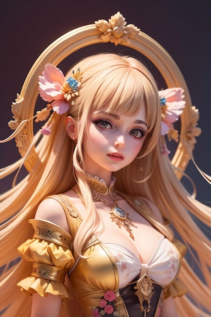 A character model with long hair and a flower on the head