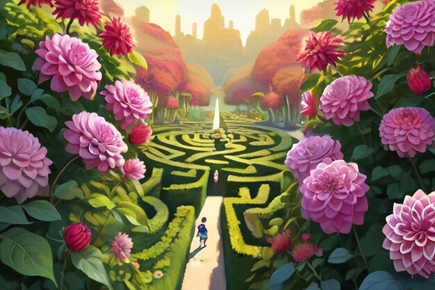 Photo character navigating dahlia bush maze illustration