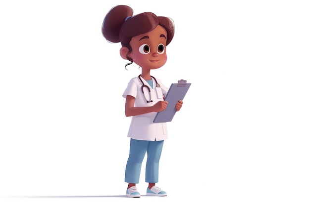 Character nurse holding clipboard pixar child illustration style full colour full body nurse uniform flat colours white background no outline ar 32 stylize 250 Job ID 7bcf7f969e6f4089891f4e7a5f5d68d0