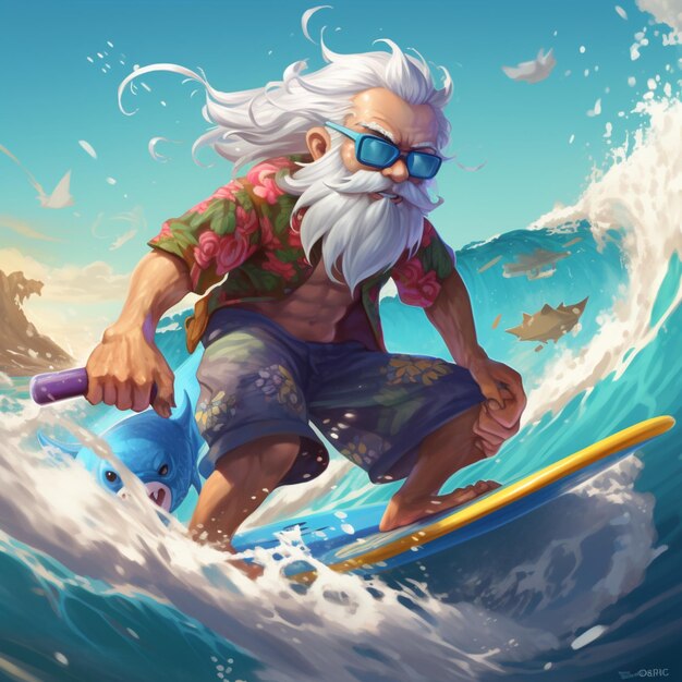 Character old man style surfing in the sea illustration