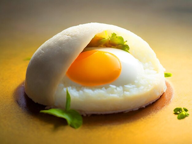 персонаж, олицетворенный жареными яйцами сонное выражение лица, лежащий на парящем рисе.