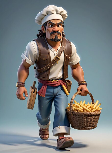 a character in a pirate costume holding a basket of fries