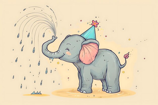 Photo character of playful elephant wearing a party hat and spraying water from outline concept sheet