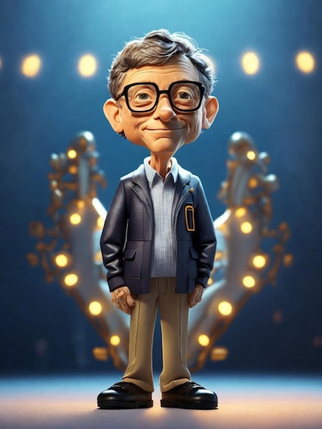 Character portret van Bill Gates staande op het podium zijprofiel karikatuur chibi kawaii3d rend