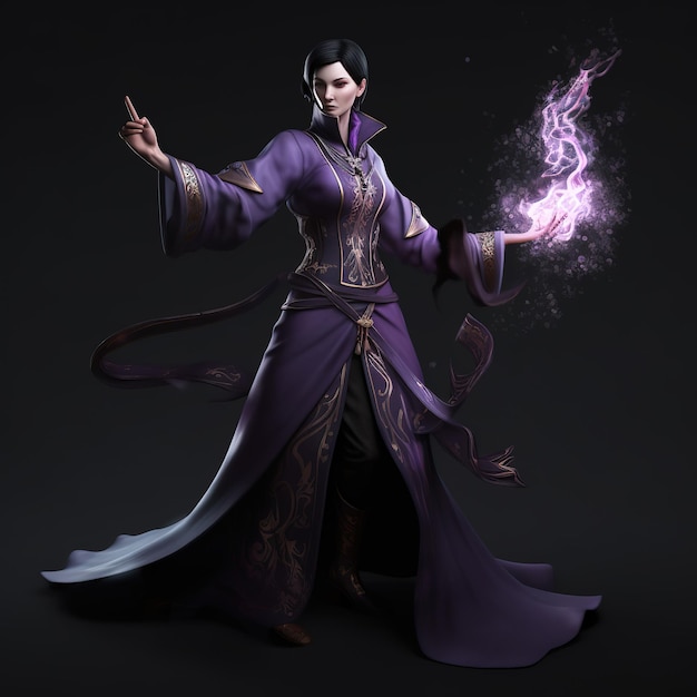 Персонаж в фиолетовом наряде с фиолетовой мантией, на которой написано «дракон».