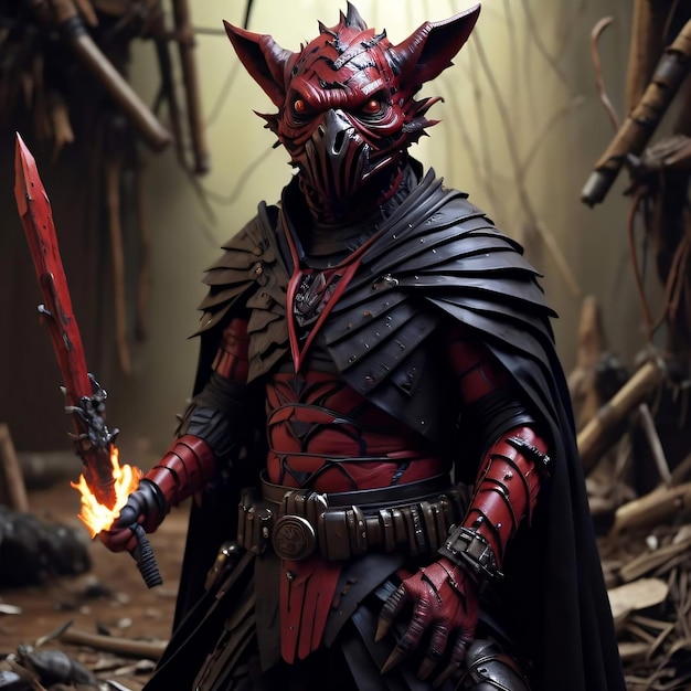 A character in a red mask with a sword in his hand.