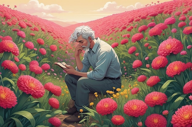 Character Reflection Field of Cockscomb Blooms Illustration