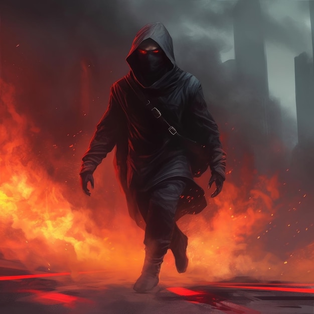 A character runs through a fire with a hoodie and hood.