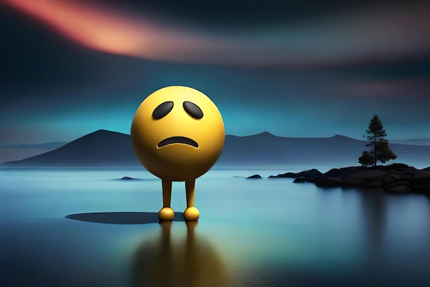 Photo character sad emoji concept in dark background 3d cartoon style