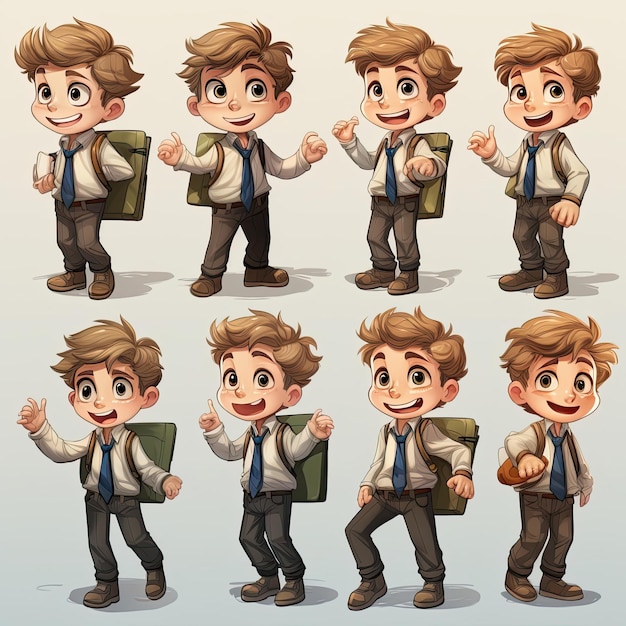 Character sheet design of a boy with bag pack