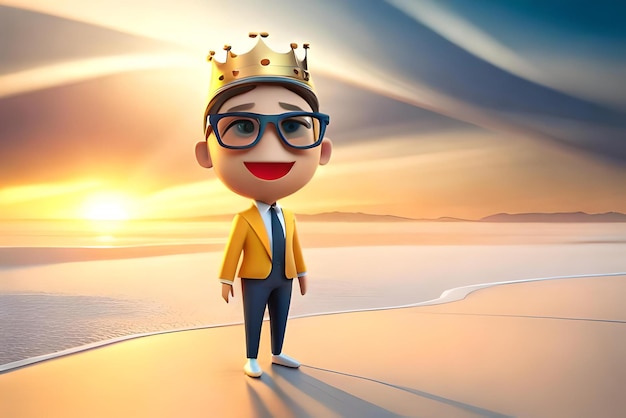 황금색 선글라스와 왕실 왕관 3D 일러스트레이션으로 미소 짓는 캐릭터 이모지