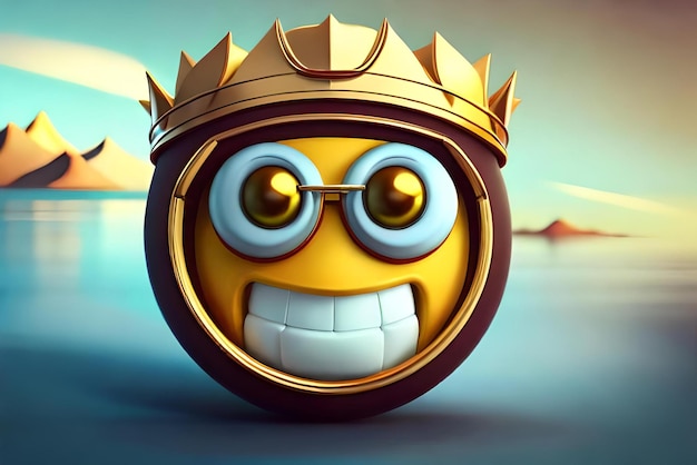 персонаж улыбается смайлик с золотыми солнцезащитными очками и королевской короной 3d иллюстрация