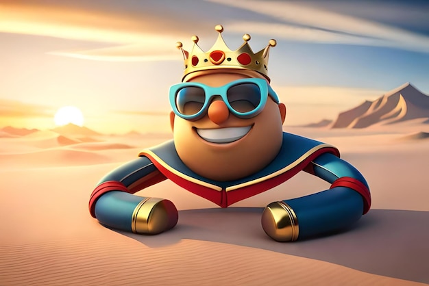 Character smiling emoji with golden sunglass and a royal crown 3d illustration