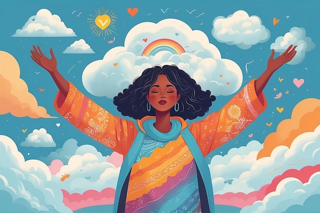 A character surrounded by a cloud of selflove affirmations