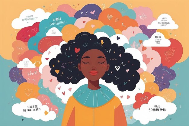 a character surrounded by a cloud of selflove affirmations