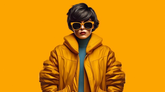 A character wearing a yellow jacket and sunglasses