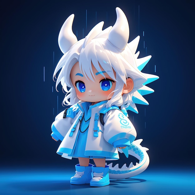 Photo a character whitehaired girl with horns and a blue coat