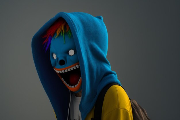 A character with a blue hoodie that says'the clown'on it