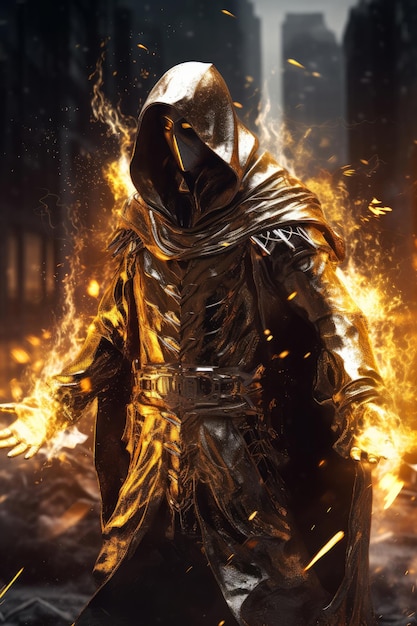 A character with a fire on his hood