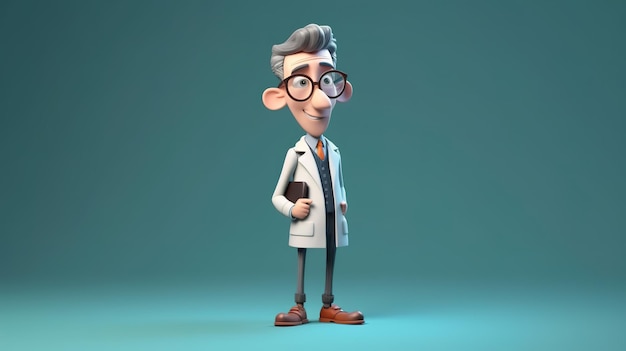 A character with glasses and a book in his hand stands in front of a blue background.