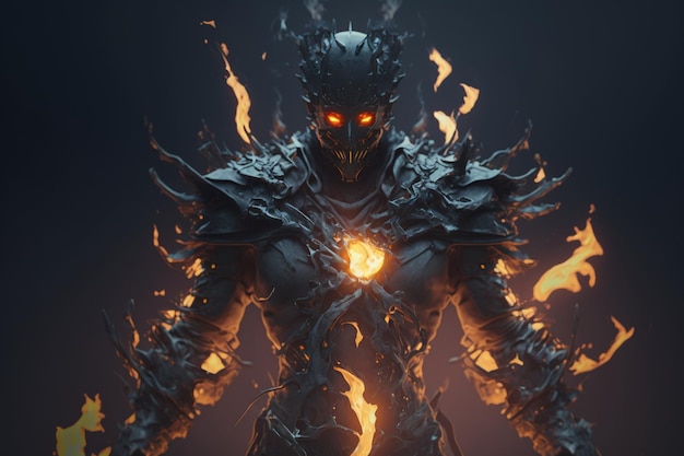 Photo a character with a glowing face and a flame on his chest