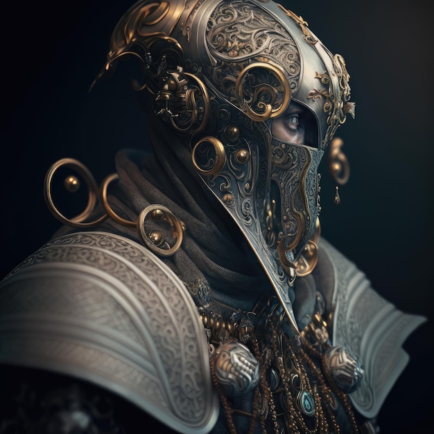 A character with a gold mask and a gold design on it.