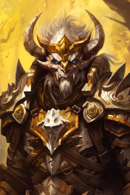 A character with a gold and silver horns and a yellow background.