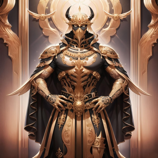 黄金のマスクと黒いマントをかぶったキャラクターが黄金の門の前に立っています。