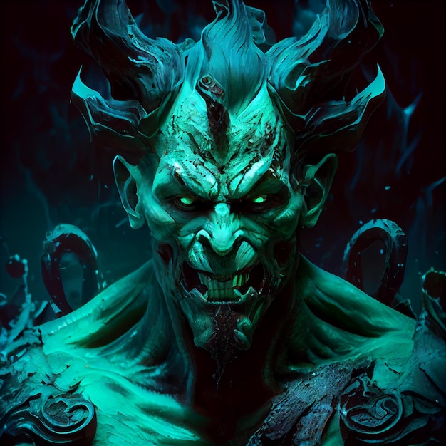 A character with a green face and horns with a blue background.