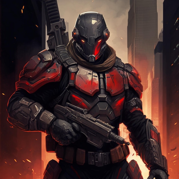 A character with a gun in the foreground and a building in the background.