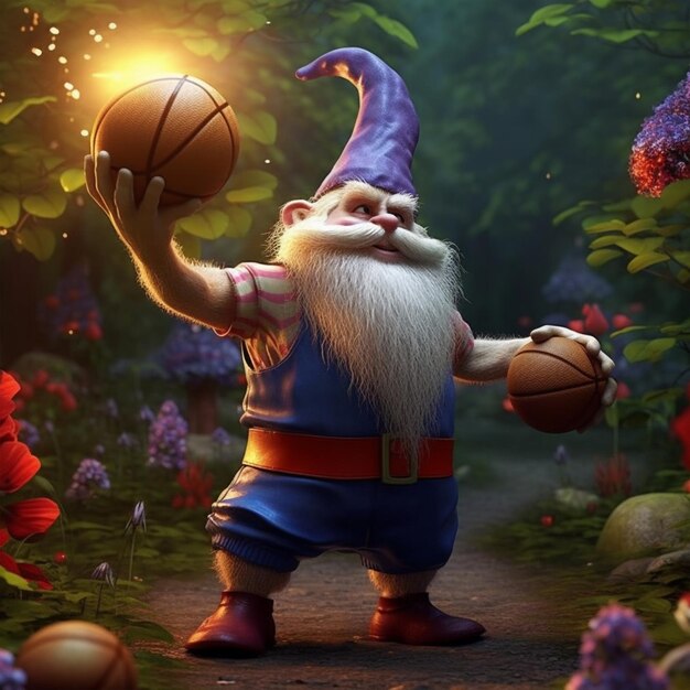 帽子をかぶり、胸にバスケットボールを乗せたキャラクターが森の中に立っています。