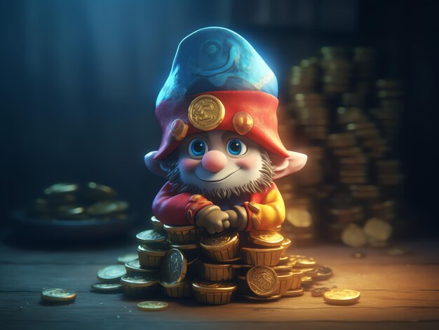 A character with a hat and a hat sits on a pile of gold coins.