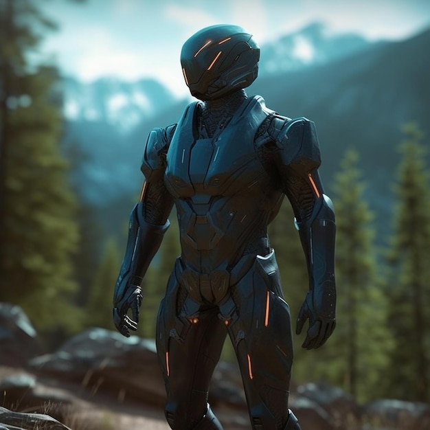 A character with a helmet and a mountain in the background.