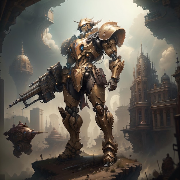 A character with a large gun in his hand is standing in front of a city.