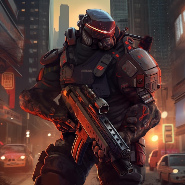 A character with a large gun in his hand is walking in the street.