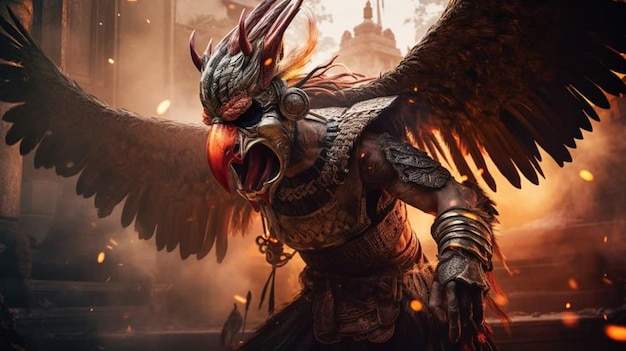 A character with a large wings and a red beak stands in front of a burning wall.